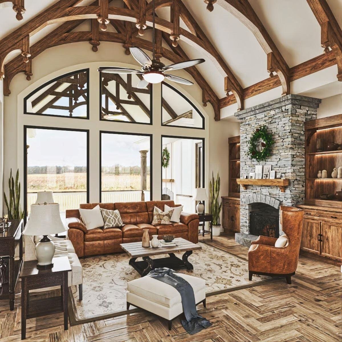 Vaulted Ceilings in Main Living Area in The Craftsman Lake House with Walkout Basement by Architectural Designs and Triple Crown in Raleigh with Fireplace and Picture Windows
