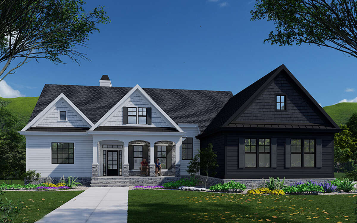 Elegant craftsman-style home with a mix of black and white siding, designed by Triple Crown Contractors Elegant craftsman-style home with a mix of black and white siding, designed by Triple Crown Contractors