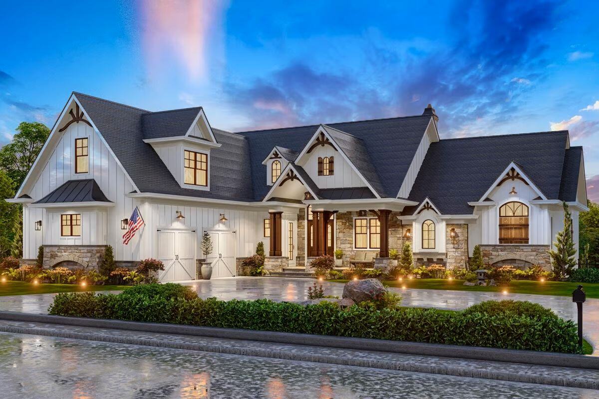 Front Rendering of The Craftsman Lake House with Walkout Basement by Architectural Designs and Triple Crown in Raleigh